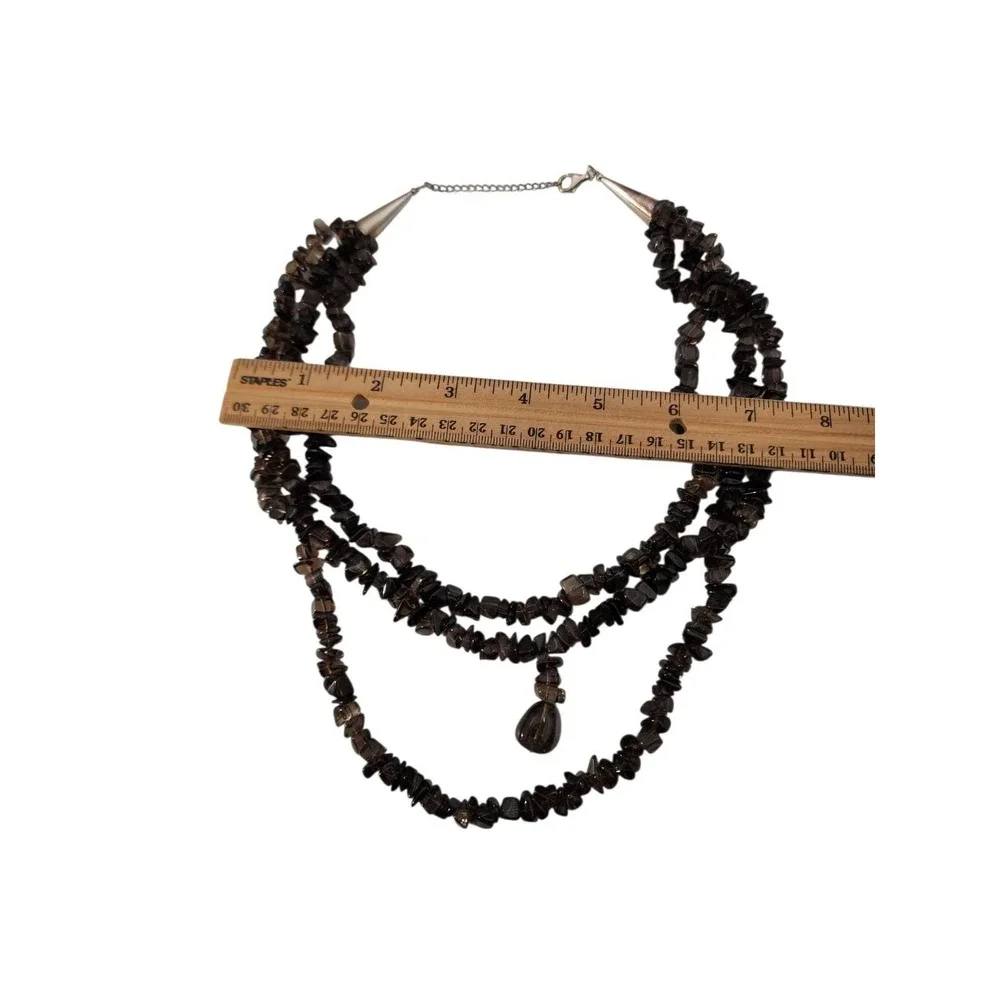 Vintage 925 southwest style 3 strand smoky quartz polished‎ chip necklace